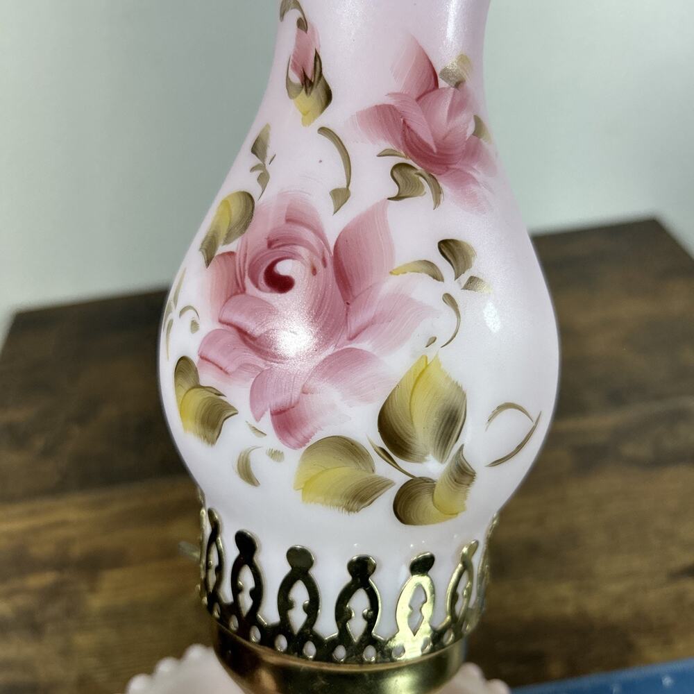 VTG Pink Hurricane Lamp Hand Paint Roses Milk Glass Works 11” Scalloped Hobnail - Picture 4 of 11